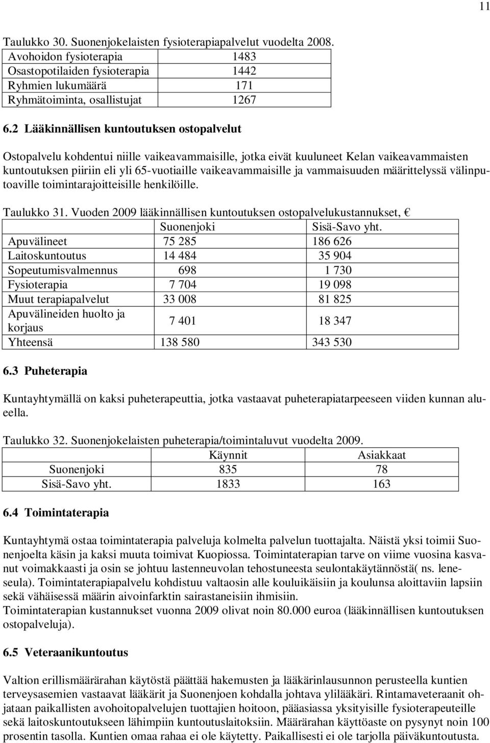 vammaisuuden määrittelyssä välinputoaville toimintarajoitteisille henkilöille. Taulukko 31. Vuoden 2009 lääkinnällisen kuntoutuksen ostopalvelukustannukset, Suonenjoki Sisä-Savo yht.