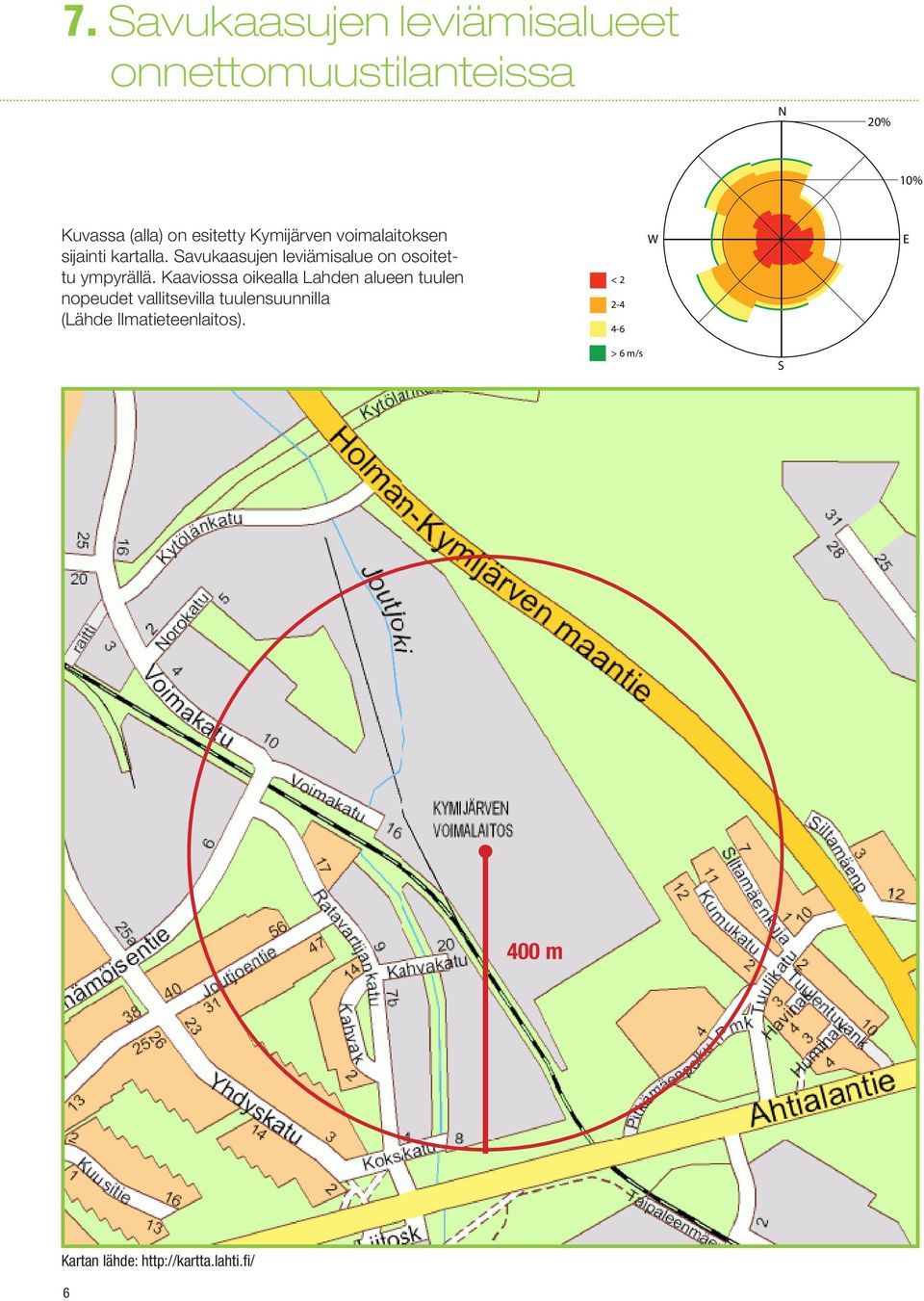 Kaaviossa oikealla Lahden alueen tuulen nopeudet vallitsevilla tuulensuunnilla (Lähde Ilmatieteenlaitos).