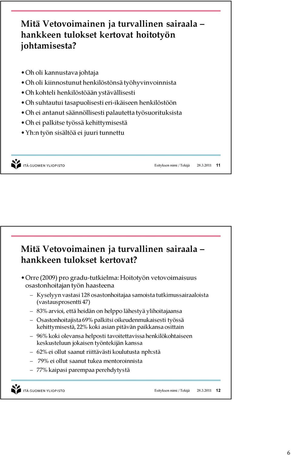 säännöllisesti palautetta työsuorituksista Oh ei palkitse työssä kehittymisestä Yh:n työn sisältöä ei juuri tunnettu Esityksen nimi / Tekijä 28.3.