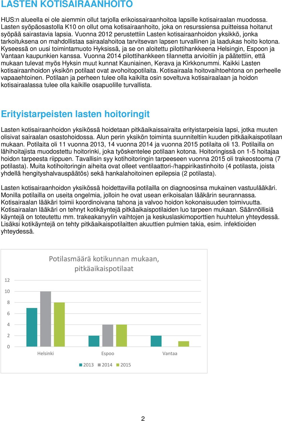 Vuonna 2012 perustettiin Lasten kotisairaanhoidon yksikkö, jonka tarkoituksena on mahdollistaa sairaalahoitoa tarvitsevan lapsen turvallinen ja laadukas hoito kotona.