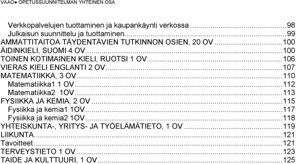 .. 106 VIERAS KIELI ENGLANTI 2 OV... 107 MATEMATIIKKA, 3 OV... 110 Matematiikka1 1 OV... 112 Matematiikka2 1OV... 113 FYSIIKKA JA KEMIA, 2 OV.