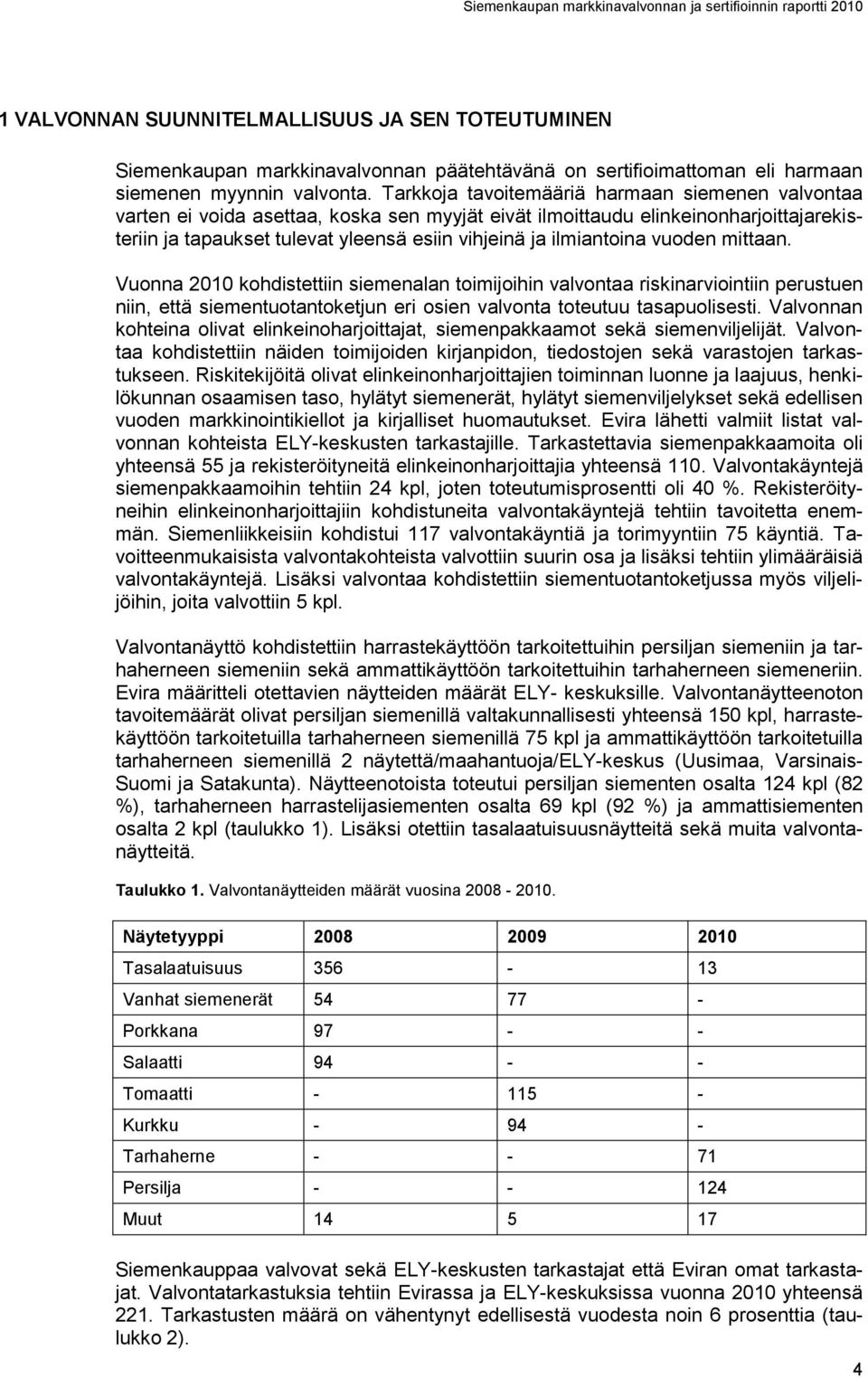 ilmiantoina vuoden mittaan. Vuonna 2010 kohdistettiin siemenalan toimijoihin valvontaa riskinarviointiin perustuen niin, että siementuotantoketjun eri osien valvonta toteutuu tasapuolisesti.