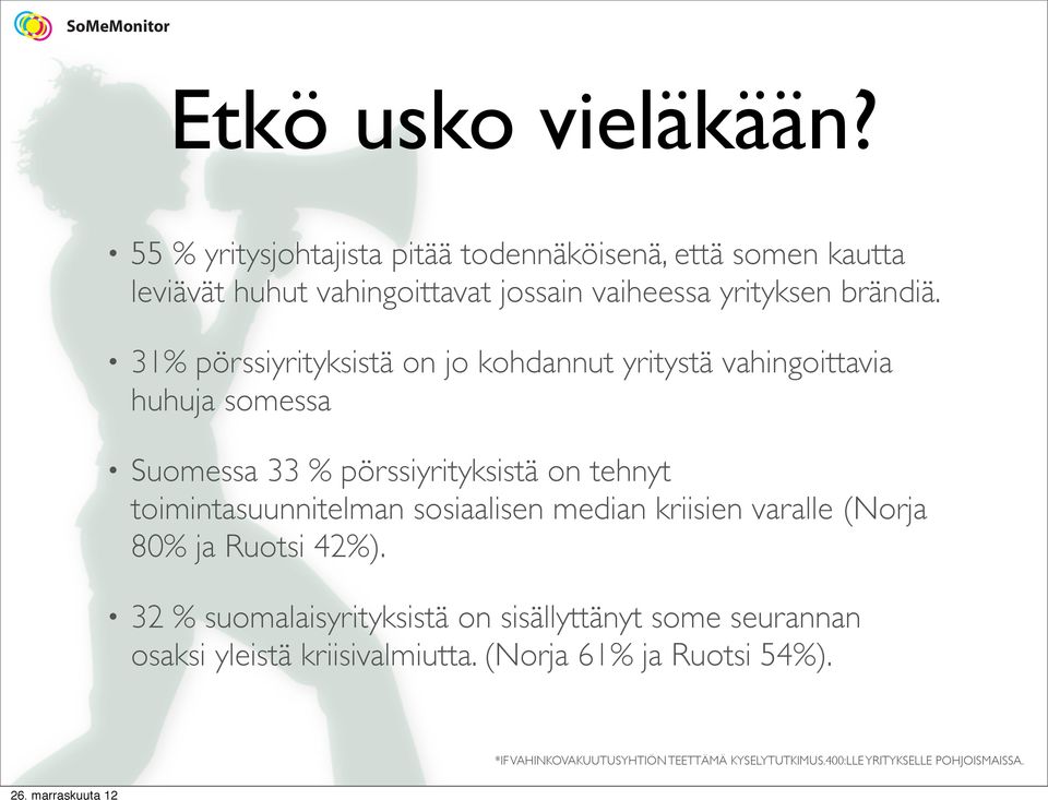 31% pörssiyrityksistä on jo kohdannut yritystä vahingoittavia huhuja somessa Suomessa 33 % pörssiyrityksistä on tehnyt
