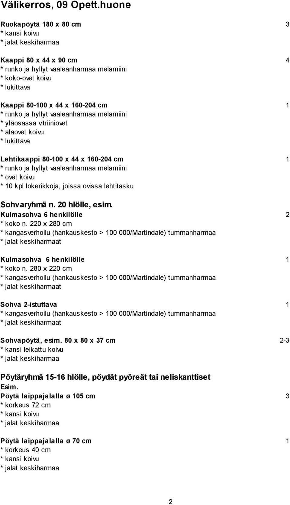 * ovet koivu * 10 kpl lokerikkoja, joissa ovissa lehtitasku Sohvaryhmä n. 0 hlölle, esim. Kulmasohva 6 henkilölle * koko n.