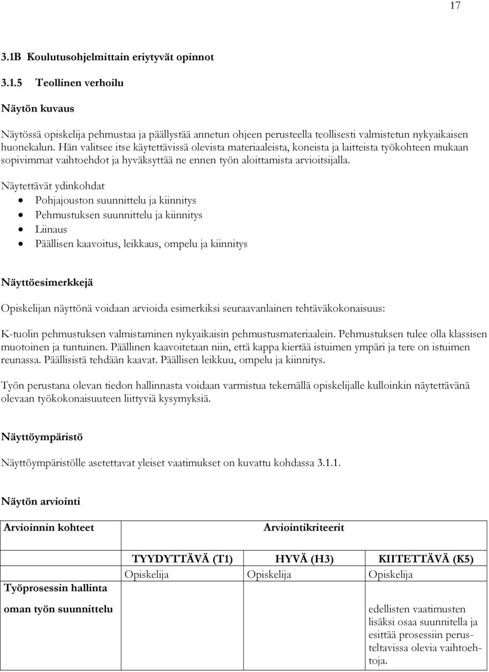 Näytettävät ydinkohdat Pohjajouston suunnittelu ja kiinnitys Pehmustuksen suunnittelu ja kiinnitys Liinaus Päällisen kaavoitus, leikkaus, ompelu ja kiinnitys Näyttöesimerkkejä Opiskelijan näyttönä