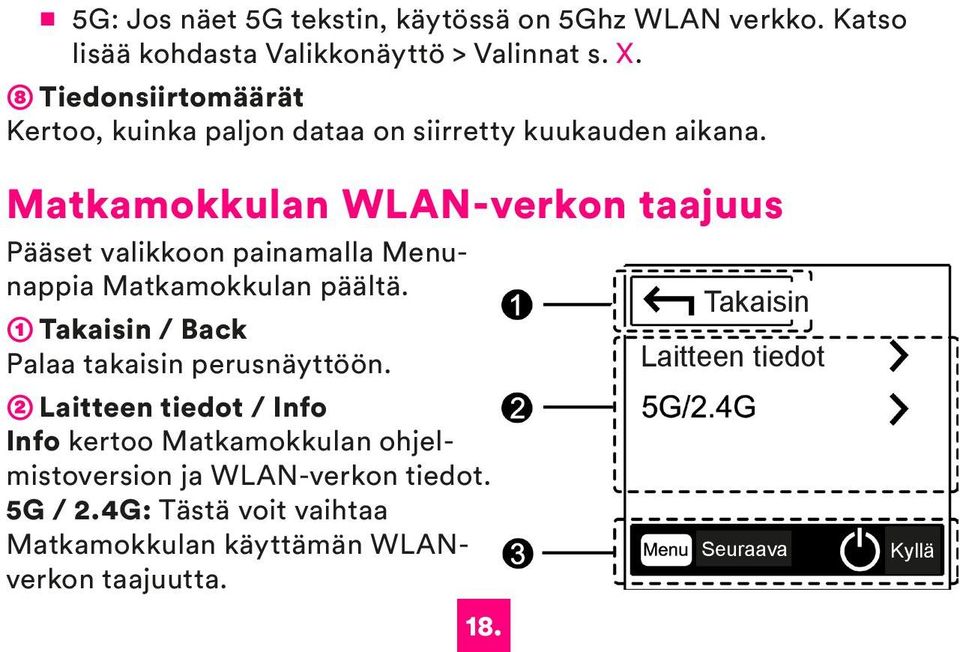 Matkamokkulan WLAN-verkon taajuus Pääset valikkoon painamalla Menunappia Matkamokkulan päältä.