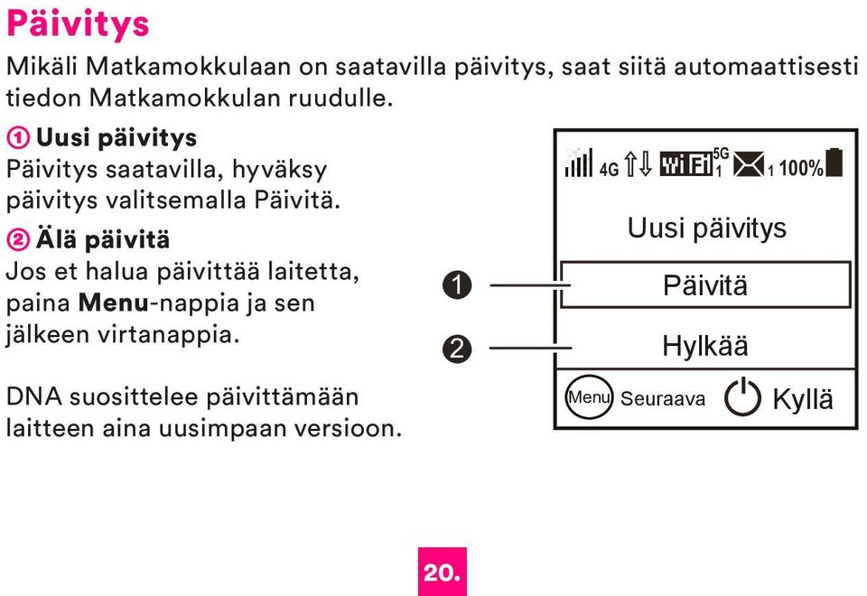 ➁ Älä päivitä Jos et halua päivittää laitetta, paina Menu-nappia ja sen jälkeen virtanappia.