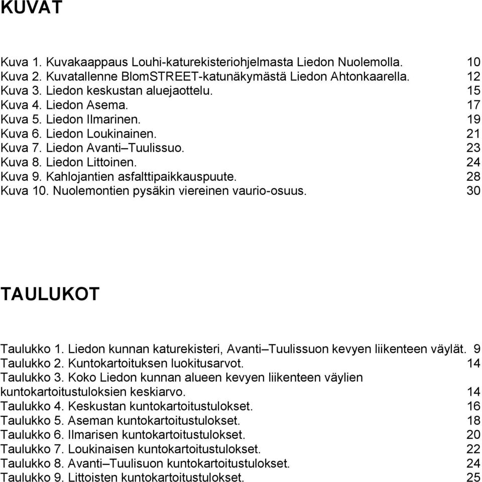 Nuolemontien pysäkin viereinen vaurio-osuus. 30 TAULUKOT Taulukko 1. Liedon kunnan katurekisteri, Avanti Tuulissuon kevyen liikenteen väylät. 9 Taulukko 2. Kuntokartoituksen luokitusarvot.