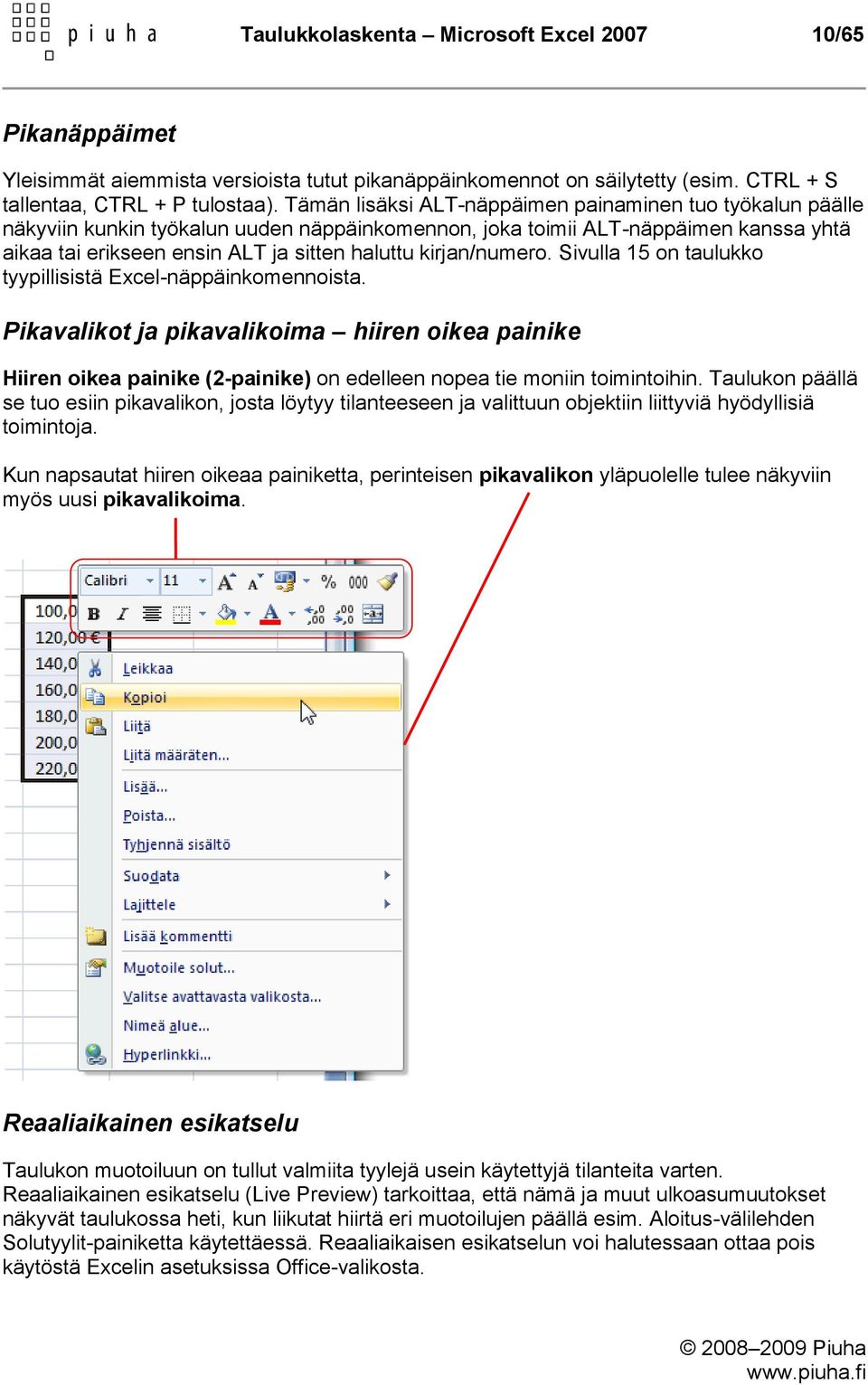 kirjan/numero. Sivulla 15 on taulukko tyypillisistä Excel-näppäinkomennoista.