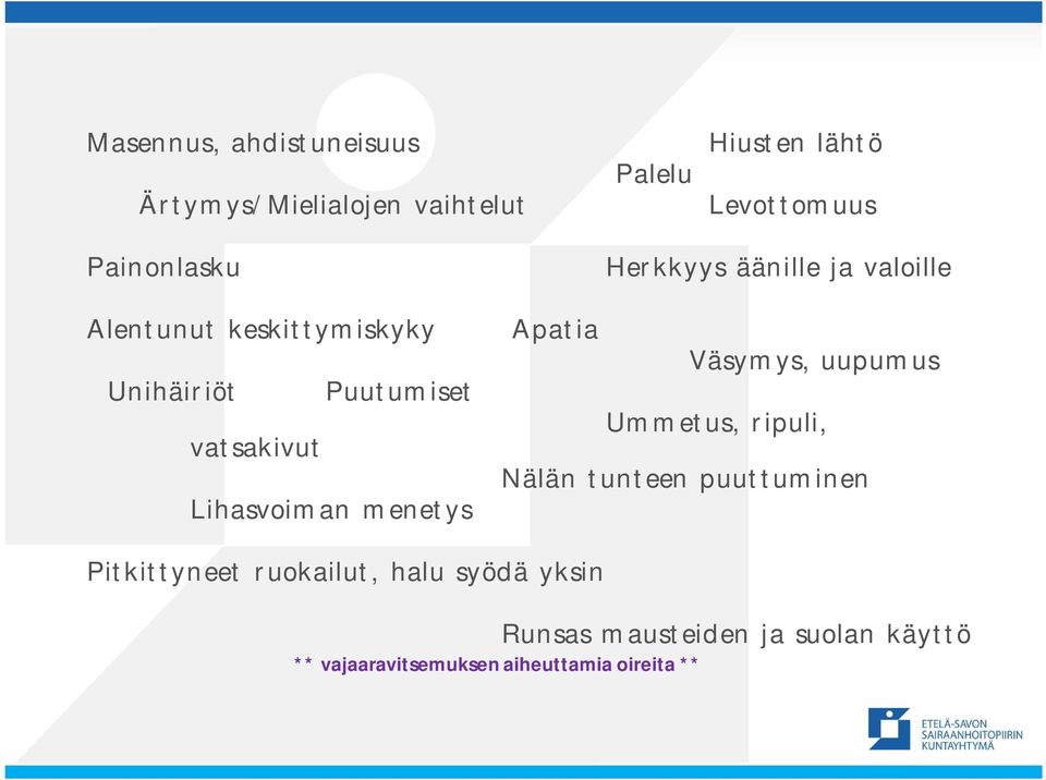 Herkkyys äänille ja valoille Apatia Väsymys, uupumus Ummetus, ripuli, Nälän tunteen puuttuminen