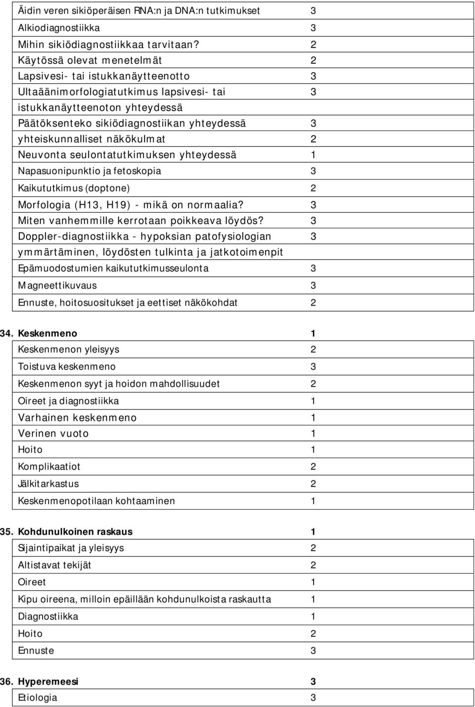 yhteiskunnalliset näkökulmat 2 Neuvonta seulontatutkimuksen yhteydessä 1 Napasuonipunktio ja fetoskopia 3 Kaikututkimus (doptone) 2 Morfologia (H13, H19) - mikä on normaalia?