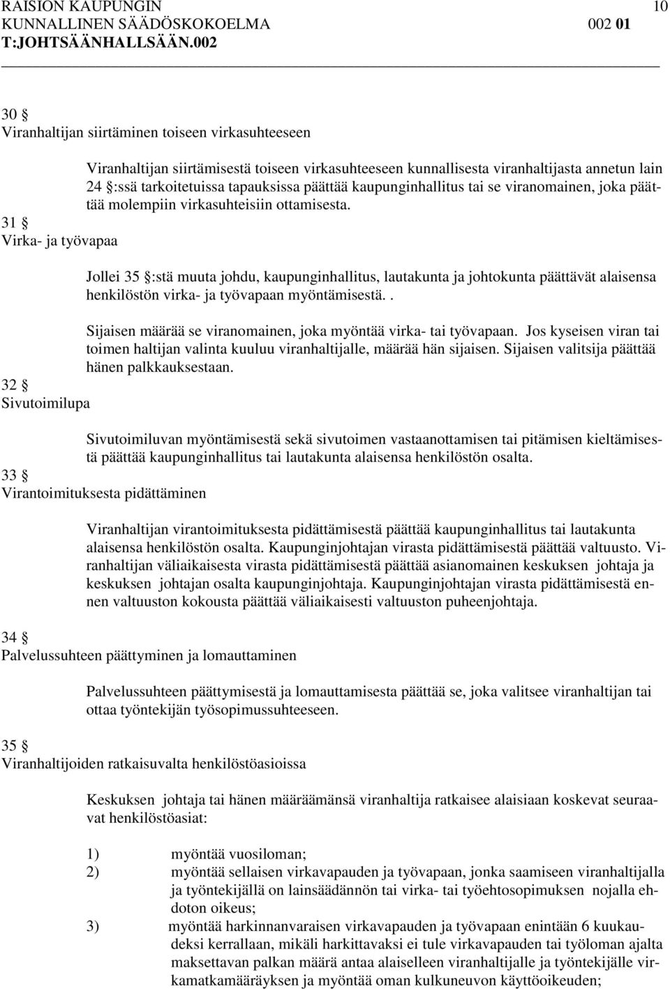 31 Virka- ja työvapaa Jollei 35 :stä muuta johdu, kaupunginhallitus, lautakunta ja johtokunta päättävät alaisensa henkilöstön virka- ja työvapaan myöntämisestä.