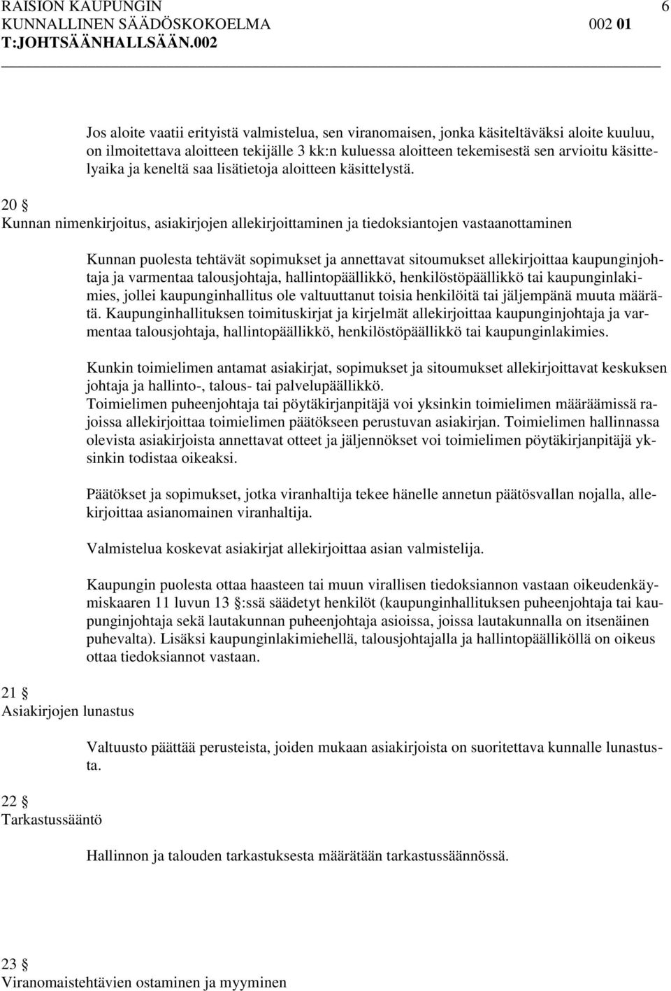 20 Kunnan nimenkirjoitus, asiakirjojen allekirjoittaminen ja tiedoksiantojen vastaanottaminen 21 Asiakirjojen lunastus 22 Tarkastussääntö Kunnan puolesta tehtävät sopimukset ja annettavat sitoumukset