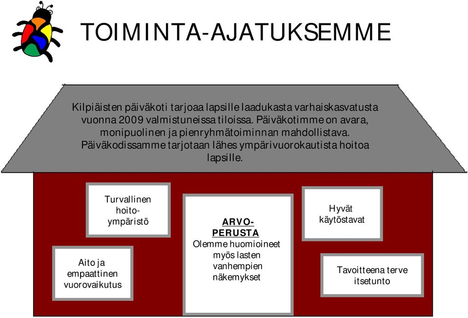 Päiväkodissamme tarjotaan lähes ympärivuorokautista hoitoa lapsille.