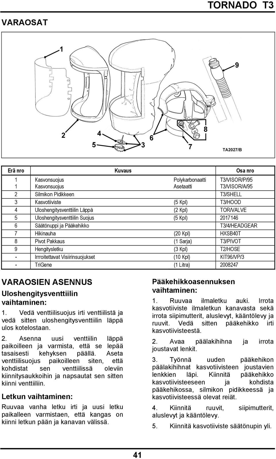 9 Hengitysletku (3 Kpl) T2/HOSE - Irrroitettavat Visiirinsuojukset (10 Kpl) KIT96/VP/3 - TriGene (1 Litra) 2008247 VARAOSIEN ASENNUS Uloshengitysventtiilin vaihtaminen: 1.