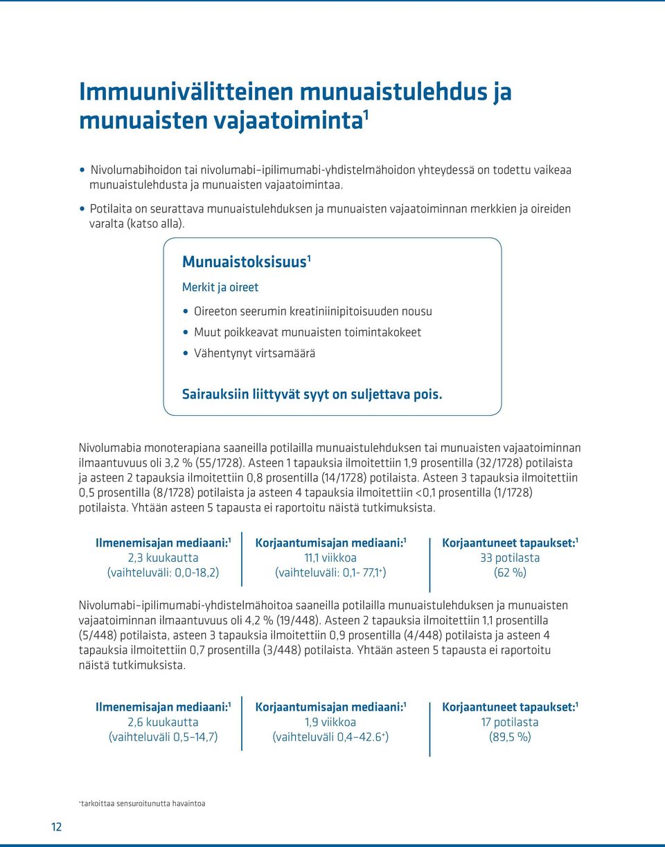 Munuaistoksisuus 1 Merkit ja oireet Oireeton seerumin kreatiniinipitoisuuden nousu Muut poikkeavat munuaisten toimintakokeet Vähentynyt virtsamäärä Sairauksiin liittyvät syyt on suljettava pois.