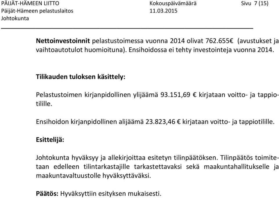 151,69 kirjataan voitto- ja tappiotilille. Ensihoidon kirjanpidollinen alijäämä 23.823,46 kirjataan voitto- ja tappiotilille.