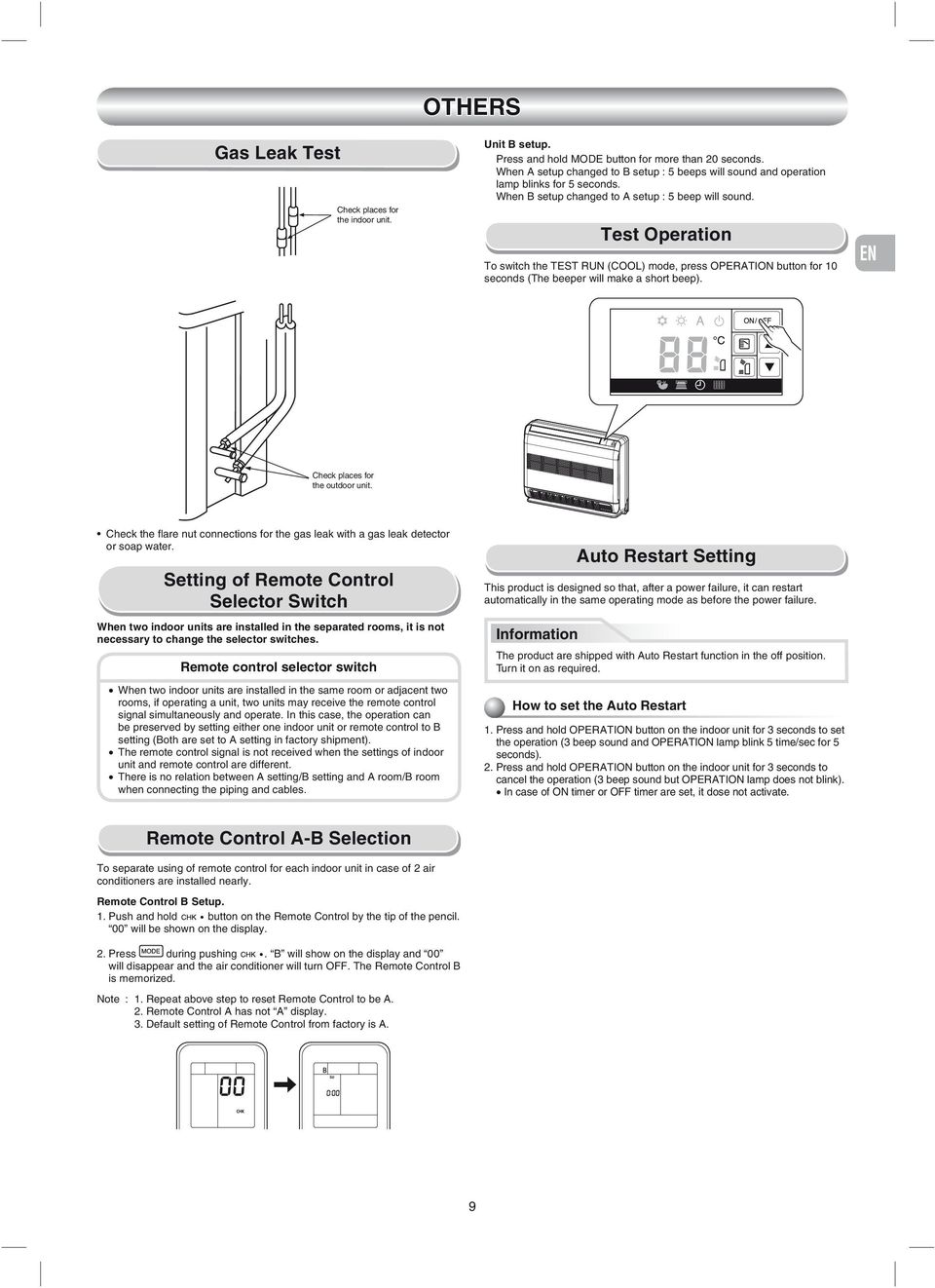 Test Operation To switch the TEST RUN (COOL) mode, press OPERATION button for 10 seconds (The beeper will make a short beep). EN SV FI NO Check places for the outdoor unit.