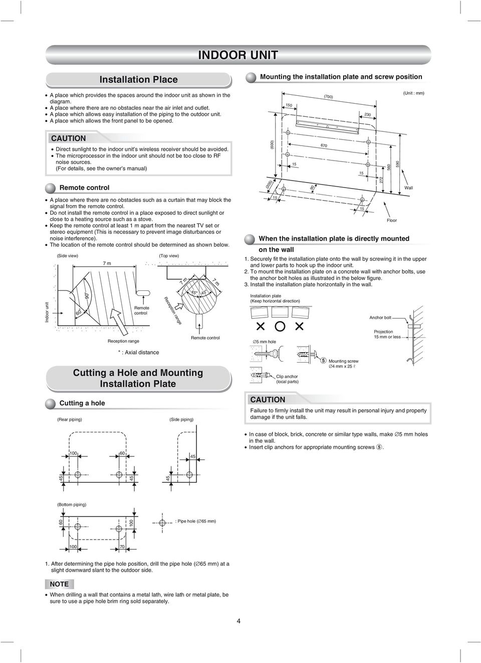 150 (700) 230 (Unit : mm) CAUTION Direct sunlight to the indoor unit s wireless receiver should be avoided. The microprocessor in the indoor unit should not be too close to RF noise sources.