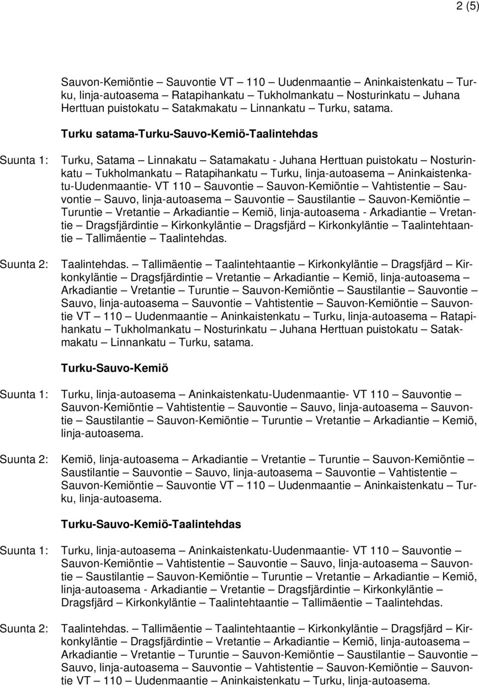 Aninkaistenkatu-Uudenmaantie- VT 110 Sauvontie Sauvon-Kemiöntie Vahtistentie Sauvontie Sauvo, linja-autoasema Sauvontie Saustilantie Sauvon-Kemiöntie Turuntie Vretantie Arkadiantie Kemiö,