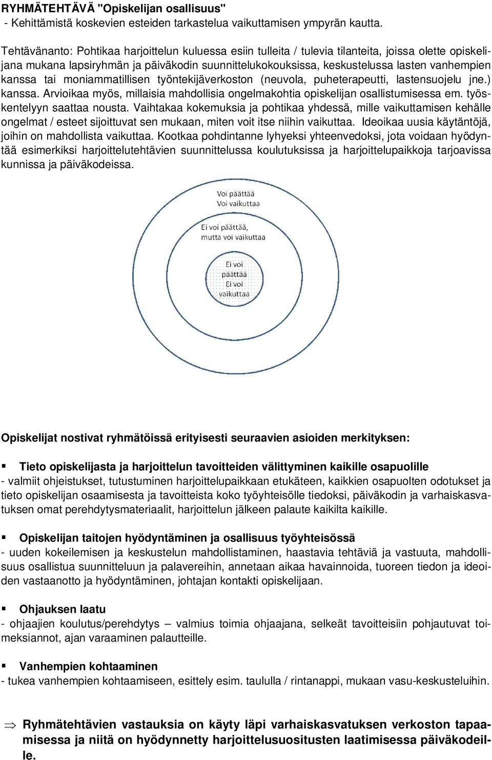 kanssa tai moniammatillisen työntekijäverkoston (neuvola, puheterapeutti, lastensuojelu jne.) kanssa. Arvioikaa myös, millaisia mahdollisia ongelmakohtia opiskelijan osallistumisessa em.