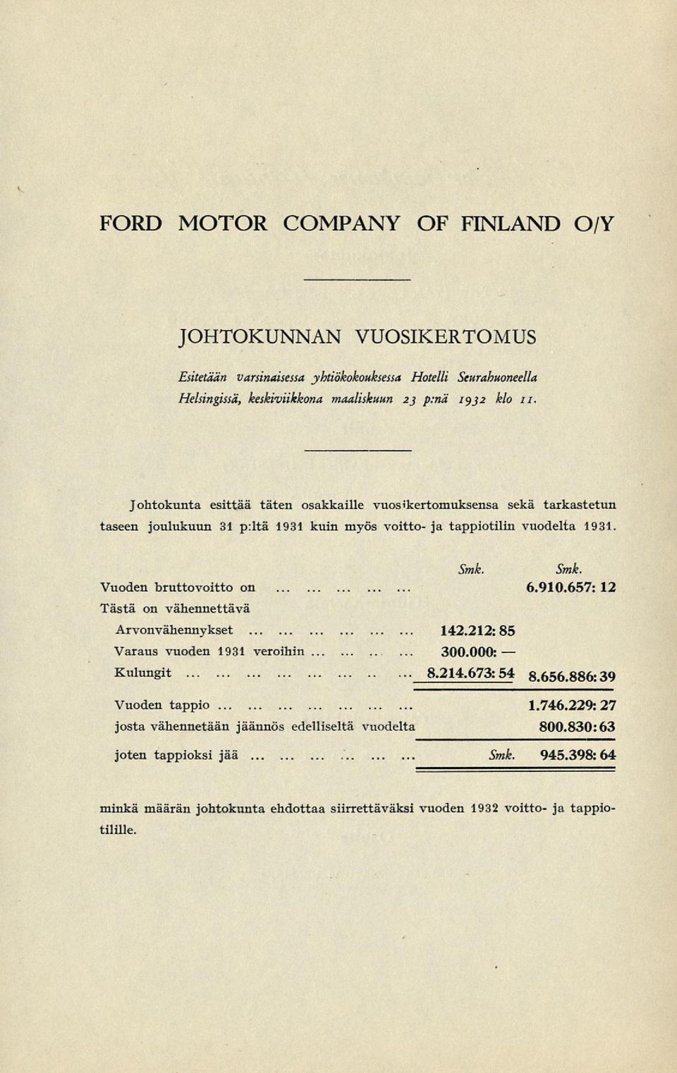 Vuoden bruttovoitto on Tästä on vähennettävä Arvonvähennykset 142.212:85 6.910.657: 12 Varaus vuoden 1931 veroihin 300.000: Kulungit 8.214.673:54 8.656.