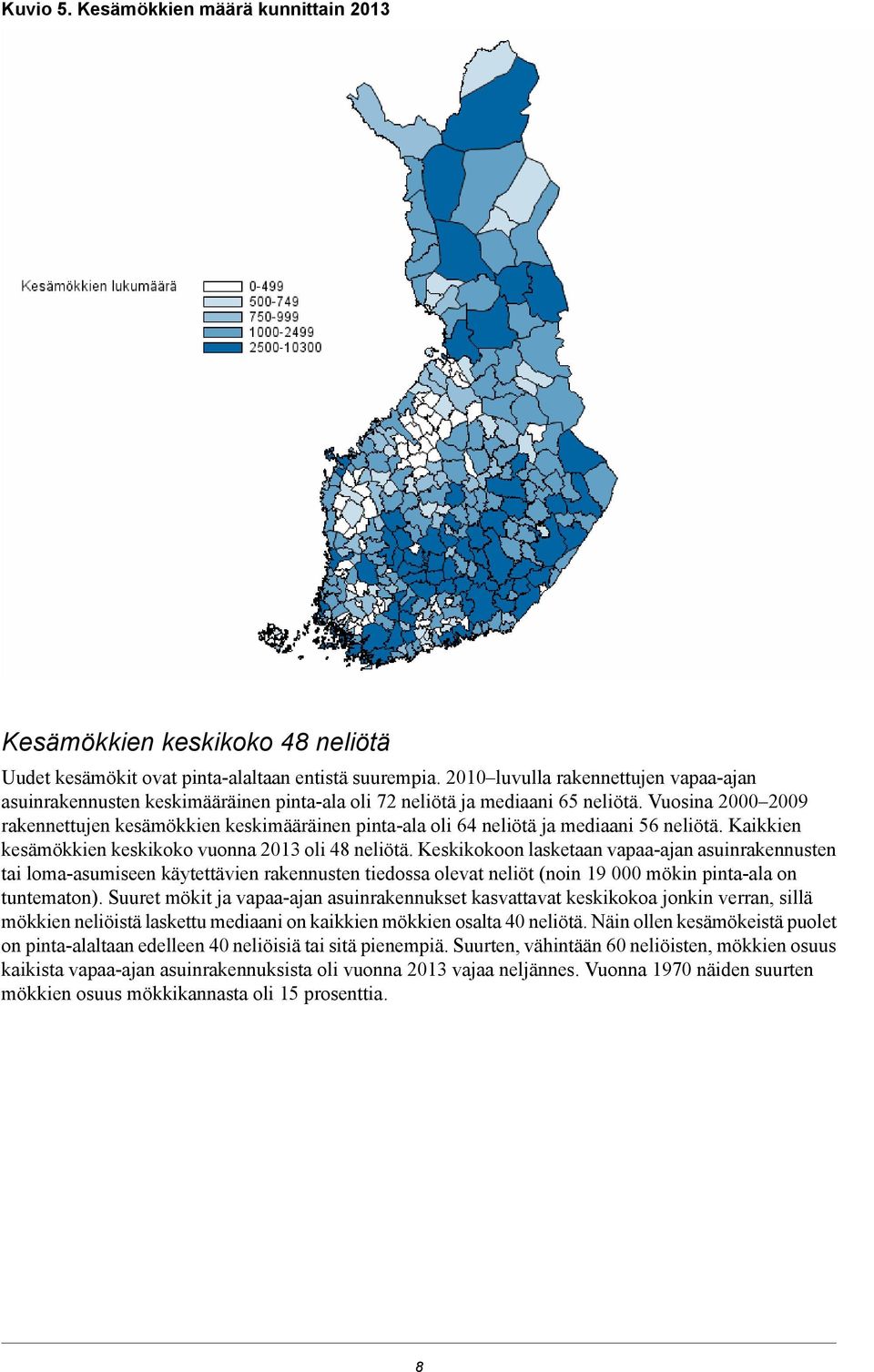 Vuosina 2000 2009 rakennettujen kesämökkien keskimääräinen pinta-ala oli 64 neliötä ja mediaani 56 neliötä. Kaikkien kesämökkien keskikoko vuonna 2013 oli 48 neliötä.