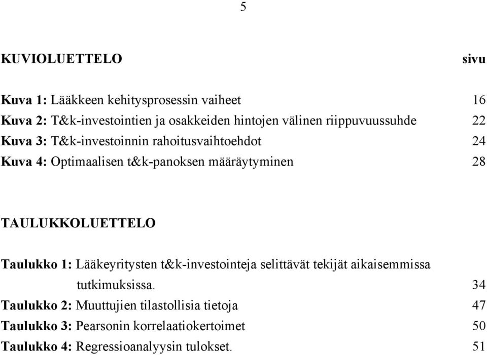 TAULUKKOLUETTELO Taulukko 1: Lääkeyritysten t&k-investointeja selittävät tekijät aikaisemmissa tutkimuksissa.