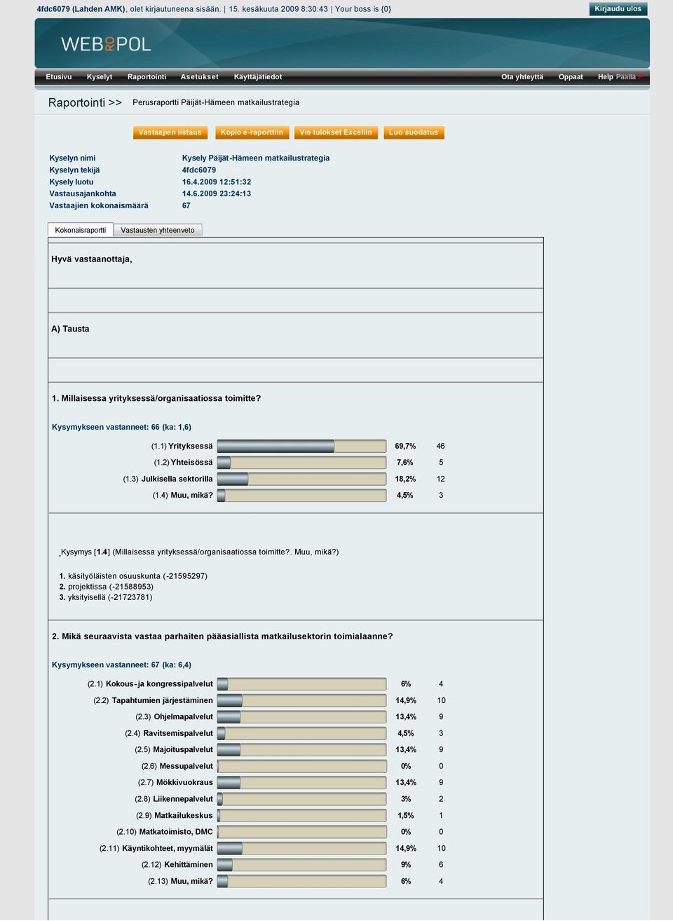 Vastaajien listaus Kopio e raporttiin Vie tulokset Exceliin Luo suodatus Kyselyn nimi Kysely Päijät Hämeen matkailustrategia Kyselyn tekijä 4fdc079 Kysely luotu 1.4.2009 12:51:2 Vastausajankohta 14.