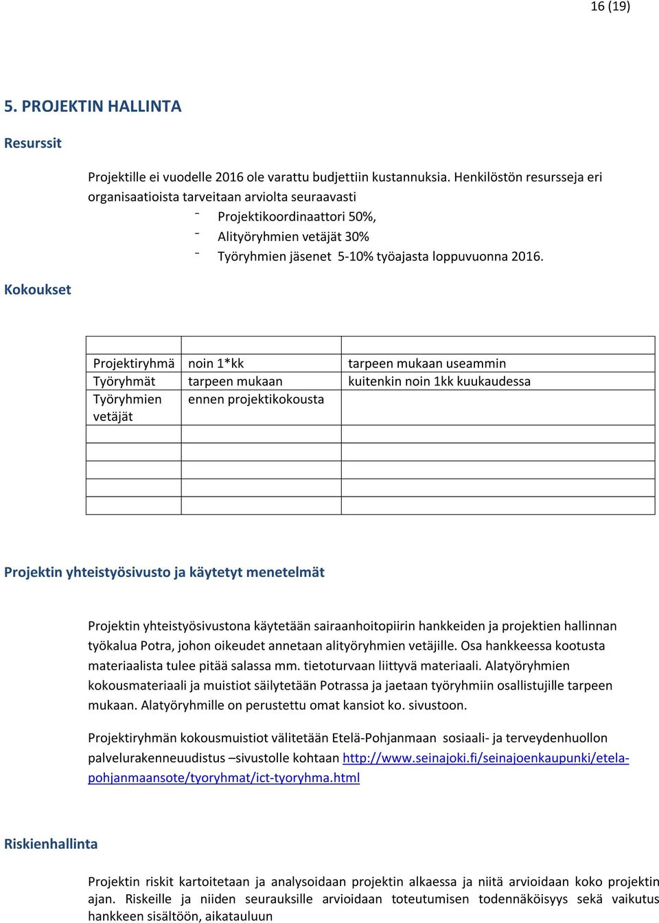 Projektiryhmä noin 1*kk tarpeen mukaan useammin Työryhmät tarpeen mukaan kuitenkin noin 1kk kuukaudessa Työryhmien vetäjät ennen projektikokousta Projektin yhteistyösivusto ja käytetyt menetelmät