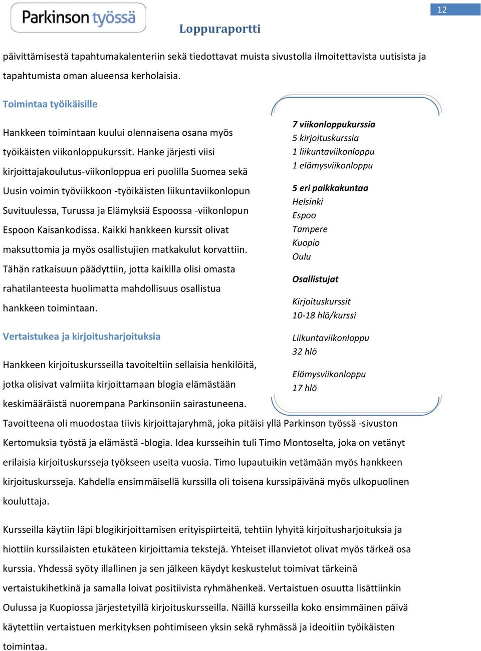 Hanke järjesti viisi kirjoittajakoulutus-viikonloppua eri puolilla Suomea sekä Uusin voimin työviikkoon -työikäisten liikuntaviikonlopun Suvituulessa, Turussa ja Elämyksiä Espoossa -viikonlopun