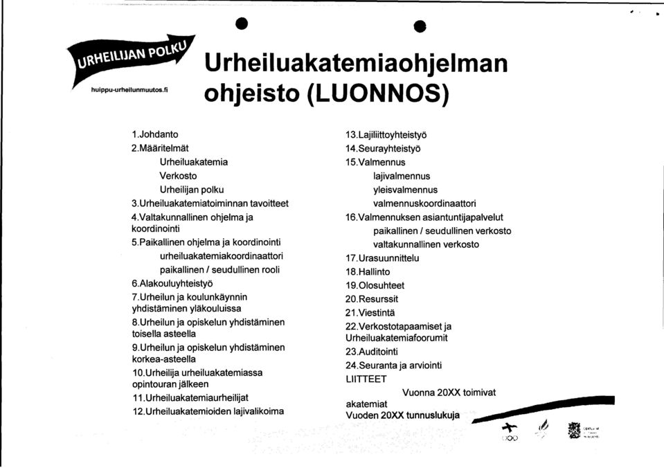 Urheilun ja opiskelun yhdistäminen toisella asteella 9.Urheilun ja opiskelun yhdistäminen korkea -asteella 10.Urheilija urheiluakatemiassa opintouran jälkeen 11.Urheiluakatemiaurheilijat 12.