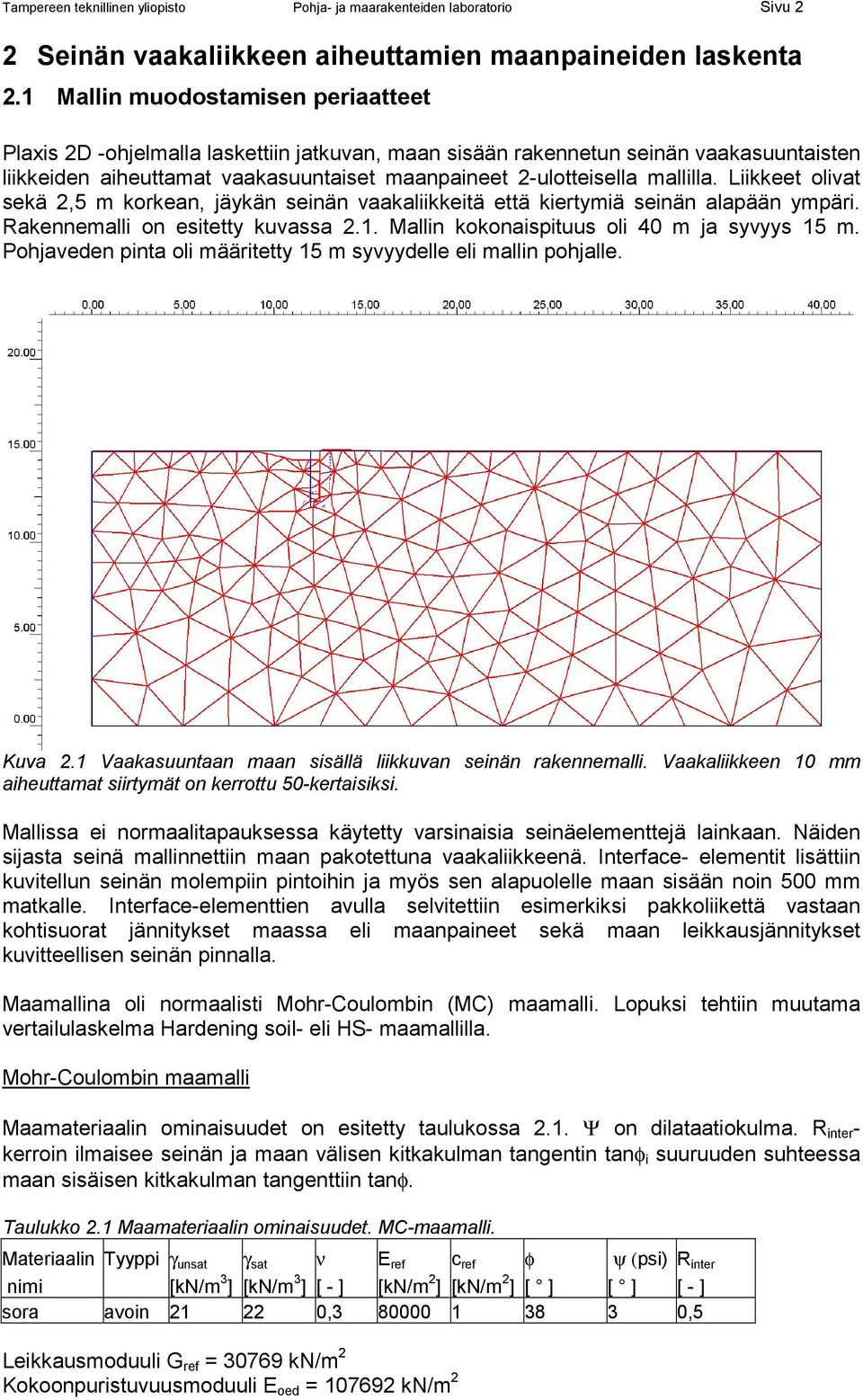 Liikkeet olivat sekä 2,5 m korkean, jäykän seinän vaakaliikkeitä että kiertymiä seinän alapään ympäri. Rakennemalli on esitetty kuvassa 2.1. Mallin kokonaispituus oli 40 m ja syvyys 15 m.