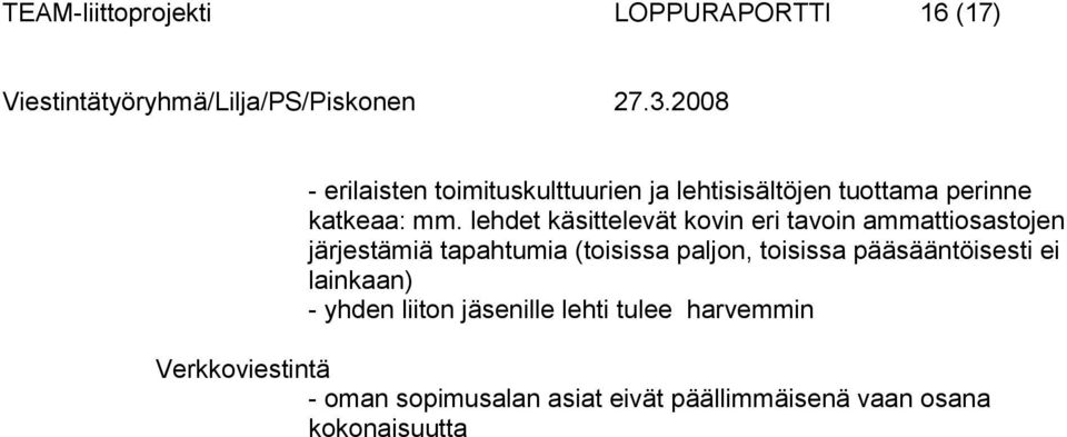 lehdet käsittelevät kovin eri tavoin ammattiosastojen järjestämiä tapahtumia (toisissa paljon,