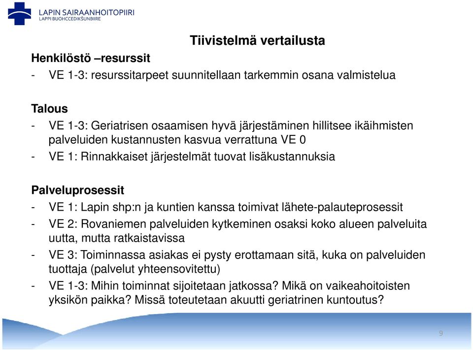 lähete-palauteprosessit - VE 2: Rovaniemen palveluiden kytkeminen osaksi koko alueen palveluita uutta, mutta ratkaistavissa - VE 3: Toiminnassa asiakas ei pysty erottamaan sitä, kuka