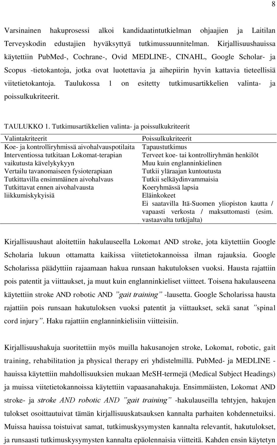 Taulukossa 1 on esitetty tutkimusartikkelien valinta- ja poissulkukriteerit. TAULUKKO 1.