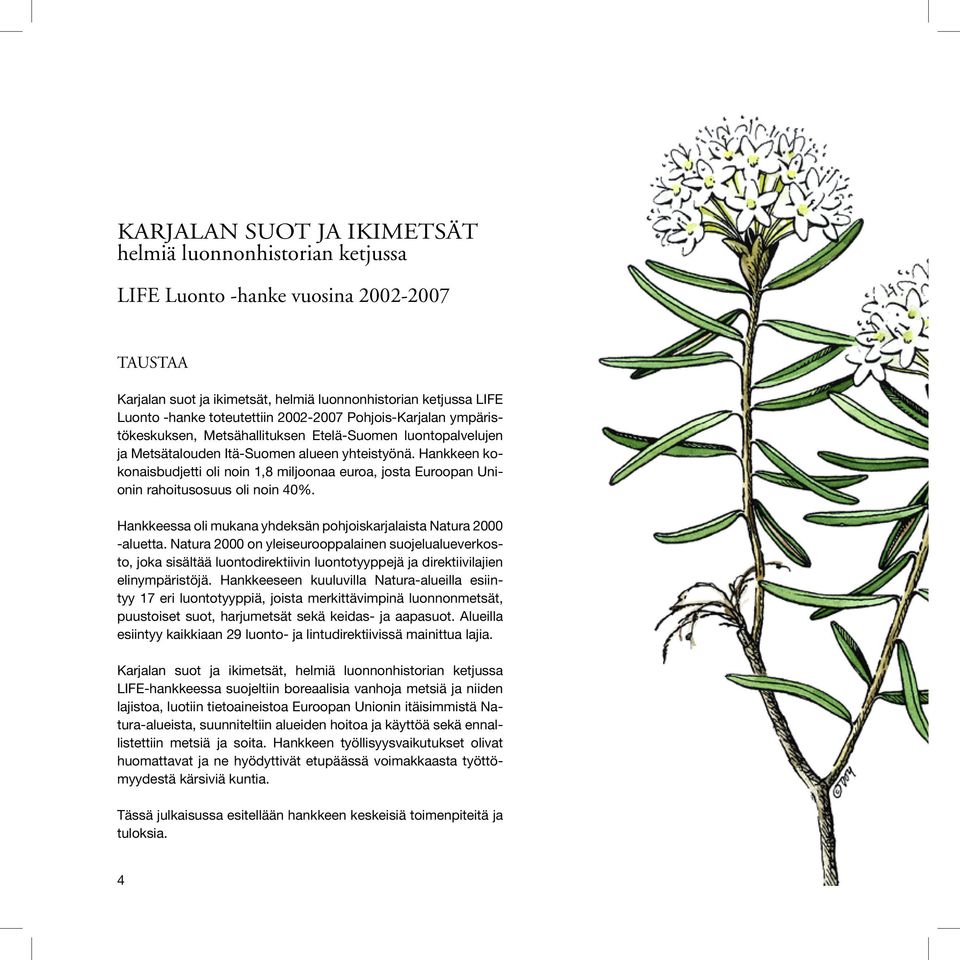 Hankkeen kokonaisbudjetti oli noin 1,8 miljoonaa euroa, josta Euroopan Unionin rahoitusosuus oli noin 40%. Hankkeessa oli mukana yhdeksän pohjoiskarjalaista Natura 2000 -aluetta.