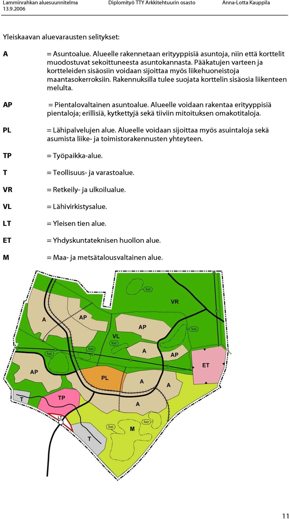 = Pientalovaltainen asuntoalue. Alueelle voidaan rakentaa erityyppisiä pientaloja; erillisiä, kytkettyjä sekä tiiviin mitoituksen omakotitaloja. = Lähipalvelujen alue.