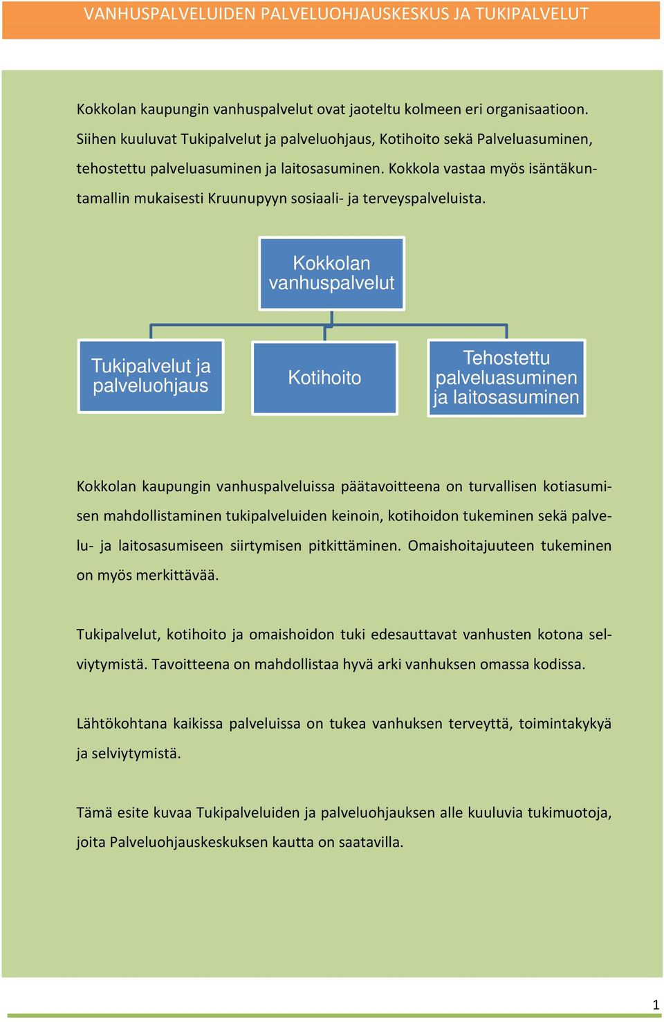 Kokkolan vanhuspalvelut Tukipalvelut ja palveluohjaus Kotihoito Tehostettu palveluasuminen ja laitosasuminen Kokkolan kaupungin vanhuspalveluissa päätavoitteena on turvallisen kotiasumisen