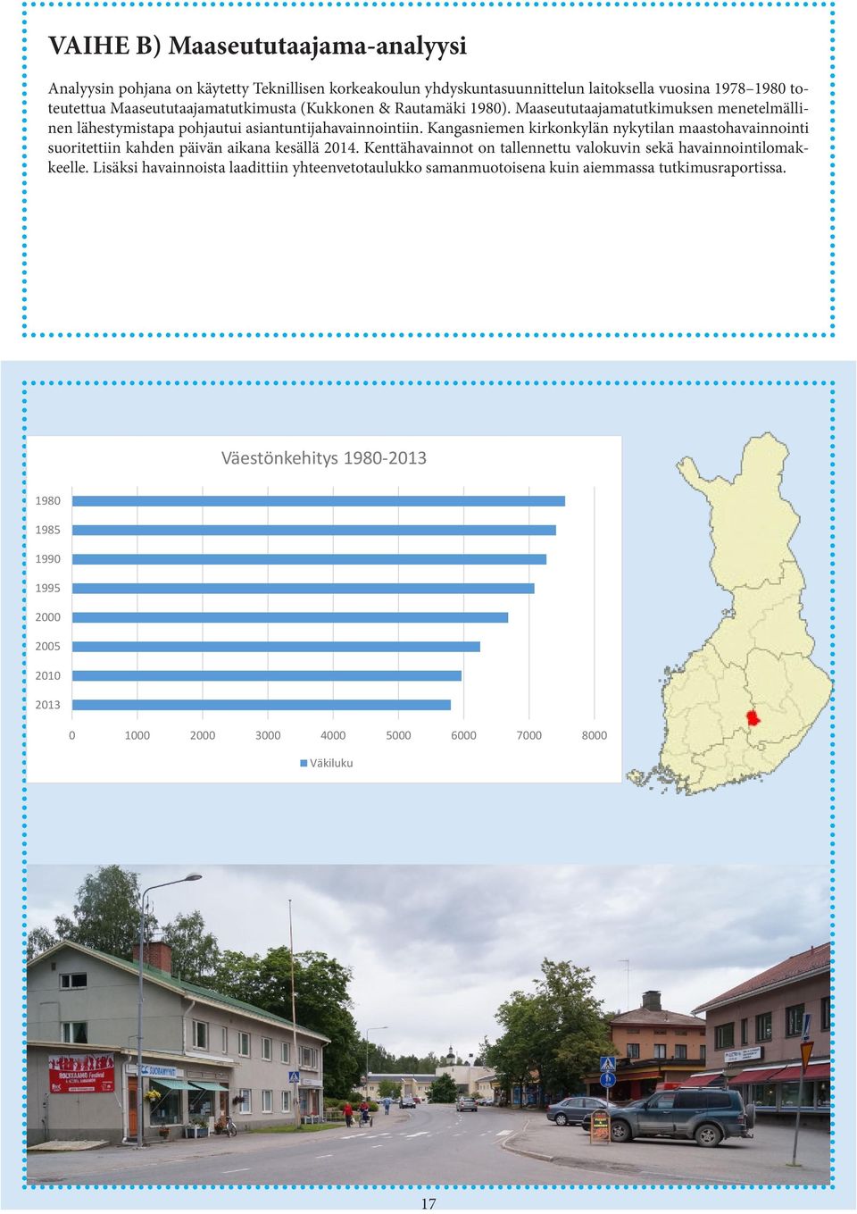 Kangasniemen kirkonkylän nykytilan maastohavainnointi suoritettiin kahden päivän aikana kesällä 2014. Kenttähavainnot on tallennettu valokuvin sekä havainnointilomakkeelle.