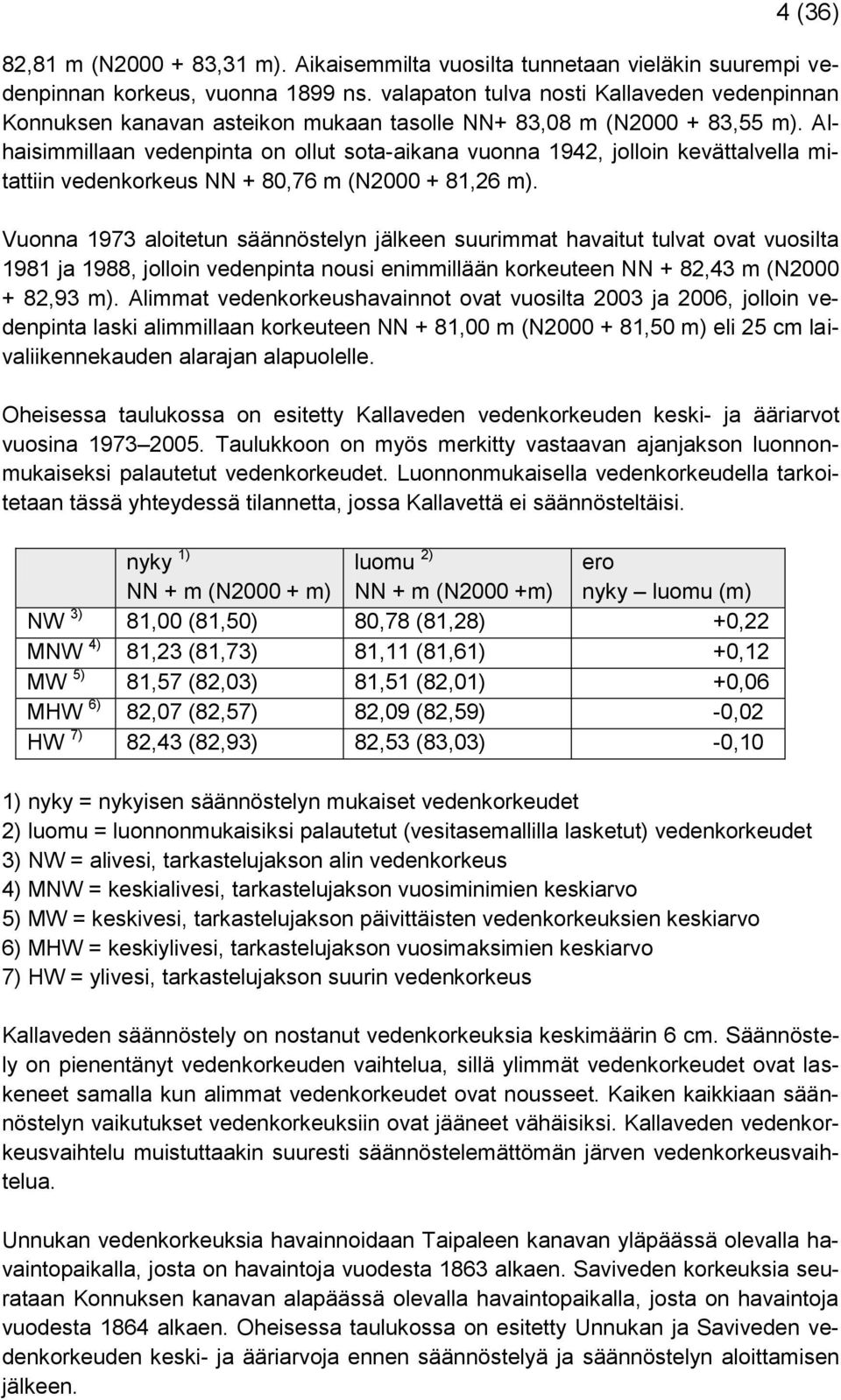 Alhaisimmillaan vedenpinta on ollut sota-aikana vuonna 1942, jolloin kevättalvella mitattiin vedenkorkeus NN + 80,76 m (N2000 + 81,26 m).