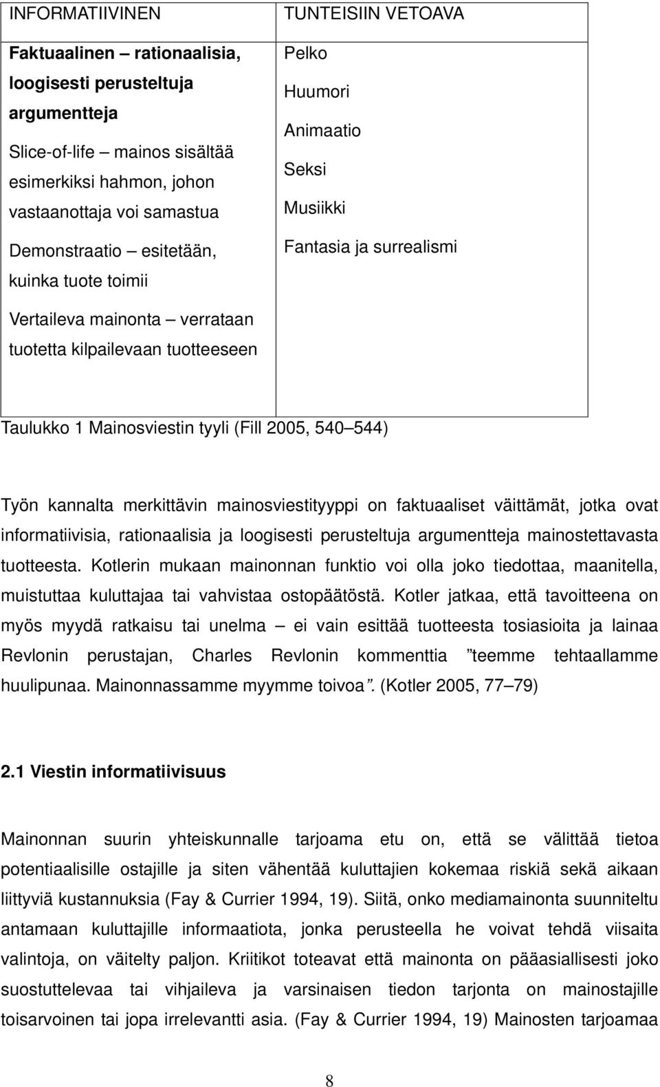 2005, 540 544) Työn kannalta merkittävin mainosviestityyppi on faktuaaliset väittämät, jotka ovat informatiivisia, rationaalisia ja loogisesti perusteltuja argumentteja mainostettavasta tuotteesta.