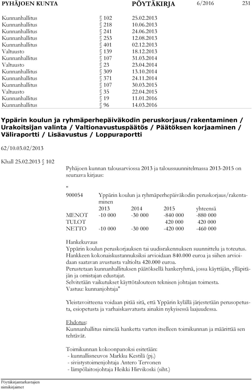 03.2016 Yppärin koulun ja ryhmäperhepäiväkodin peruskorjaus/rakentaminen / Urakoitsijan valinta / Valtionavustuspäätös / Päätöksen korjaaminen / Väliraportti / Lisäavustus / Loppuraportti 62/10.03.02/2013 Khall 25.