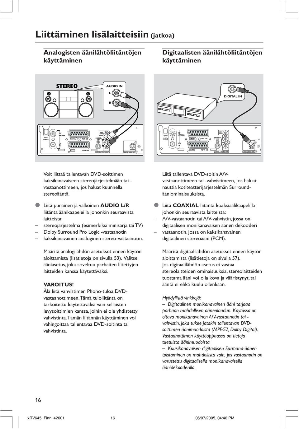 Liitä punainen ja valkoinen AUDIO L/R liitäntä äänikaapeleilla johonkin seuraavista laitteista: stereojärjestelmä (esimerkiksi minisarja tai TV) Dolby Surround Pro Logic -vastaanotin kaksikanavainen