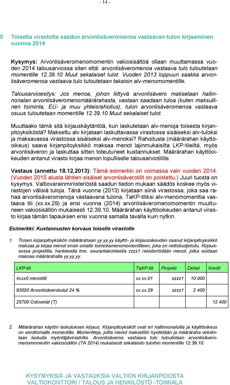 Talousarvioesitys: Jos menoa, johon liittyvä arvonlisävero maksetaan hallinnonalan arvonlisäveromenomäärärahasta, vastaan saadaan tuloa (kuten maksullinen toiminta, EU- ja muu yhteisrahoitus), tulon