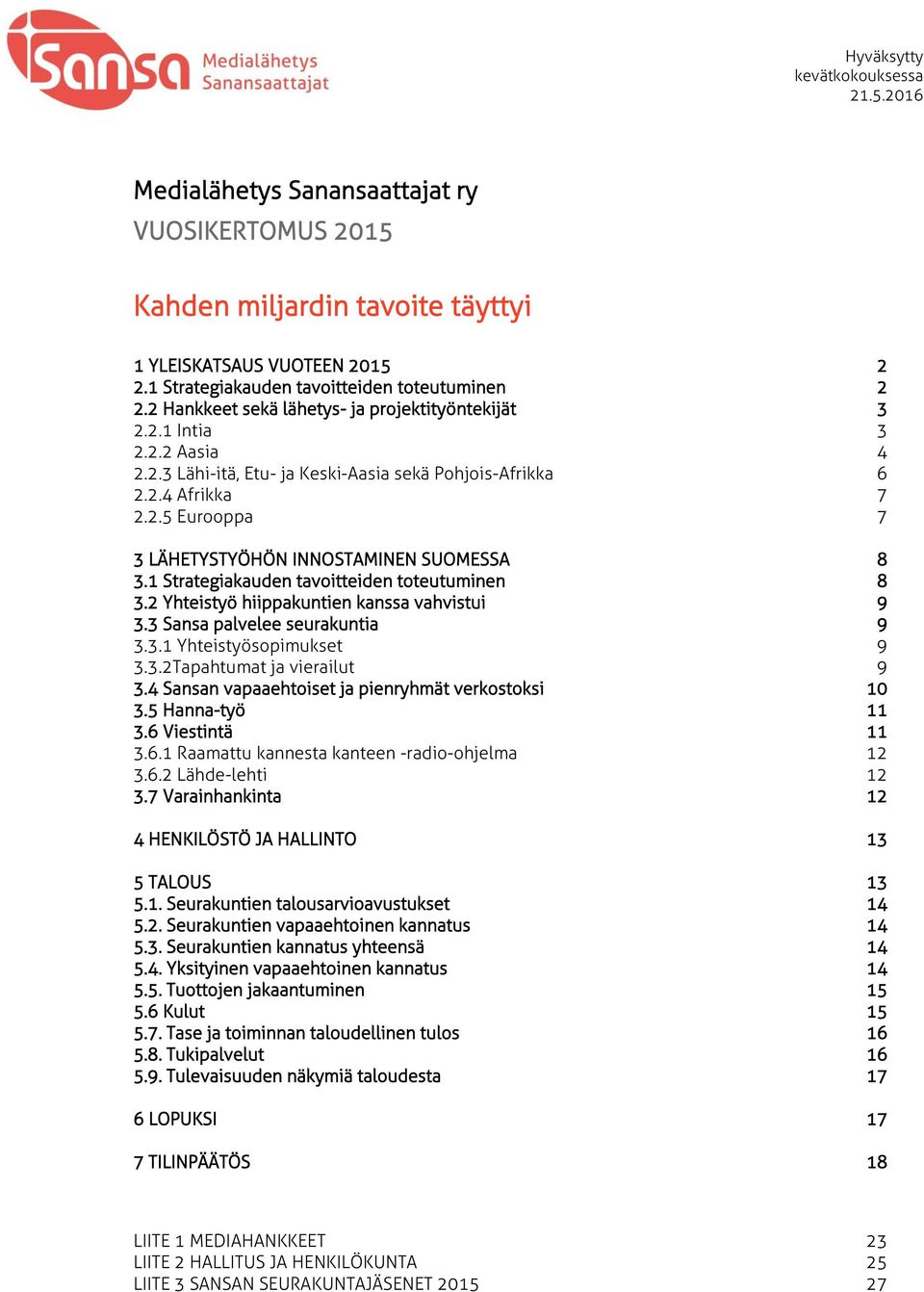 2.5 Eurooppa 7 3 LÄHETYSTYÖHÖN INNOSTAMINEN SUOMESSA 8 3.1 Strategiakauden tavoitteiden toteutuminen 8 3.2 Yhteistyö hiippakuntien kanssa vahvistui 9 3.3 Sansa palvelee seurakuntia 9 3.3.1 Yhteistyösopimukset 9 3.