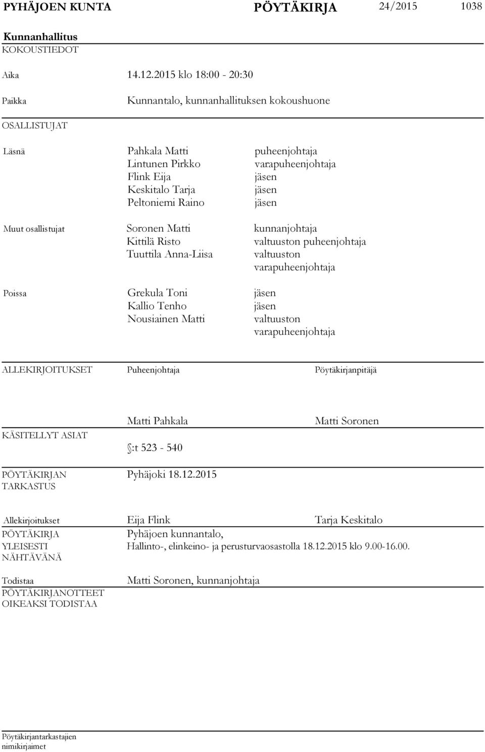 Peltoniemi Raino jäsen Muut osallistujat Soronen Matti kunnanjohtaja Kittilä Risto valtuuston puheenjohtaja Tuuttila Anna-Liisa valtuuston varapuheenjohtaja Poissa Grekula Toni jäsen Kallio Tenho
