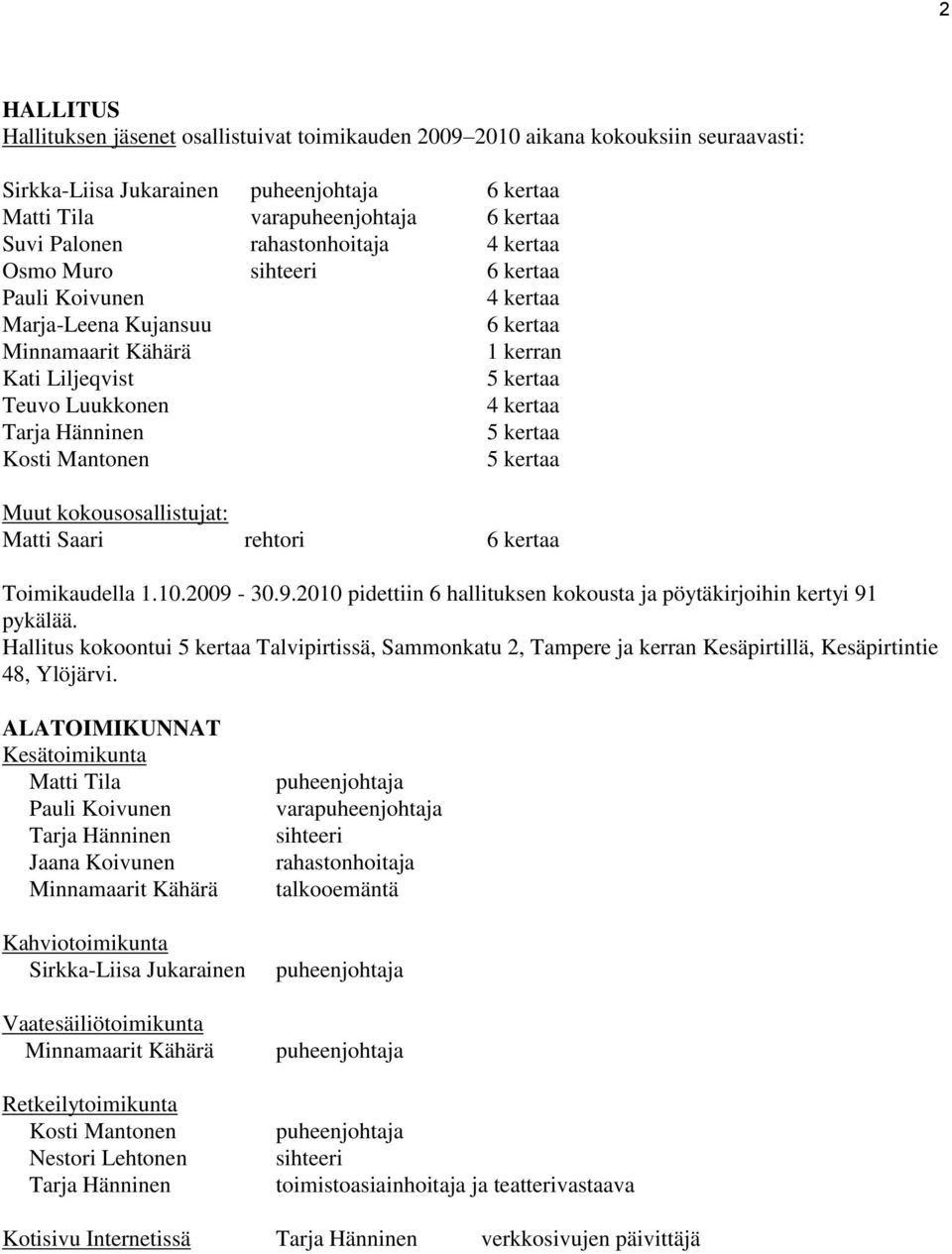 5 kertaa Kosti Mantonen 5 kertaa Muut kokousosallistujat: Matti Saari rehtori 6 kertaa Toimikaudella 1.10.2009-30.9.2010 pidettiin 6 hallituksen kokousta ja pöytäkirjoihin kertyi 91 pykälää.
