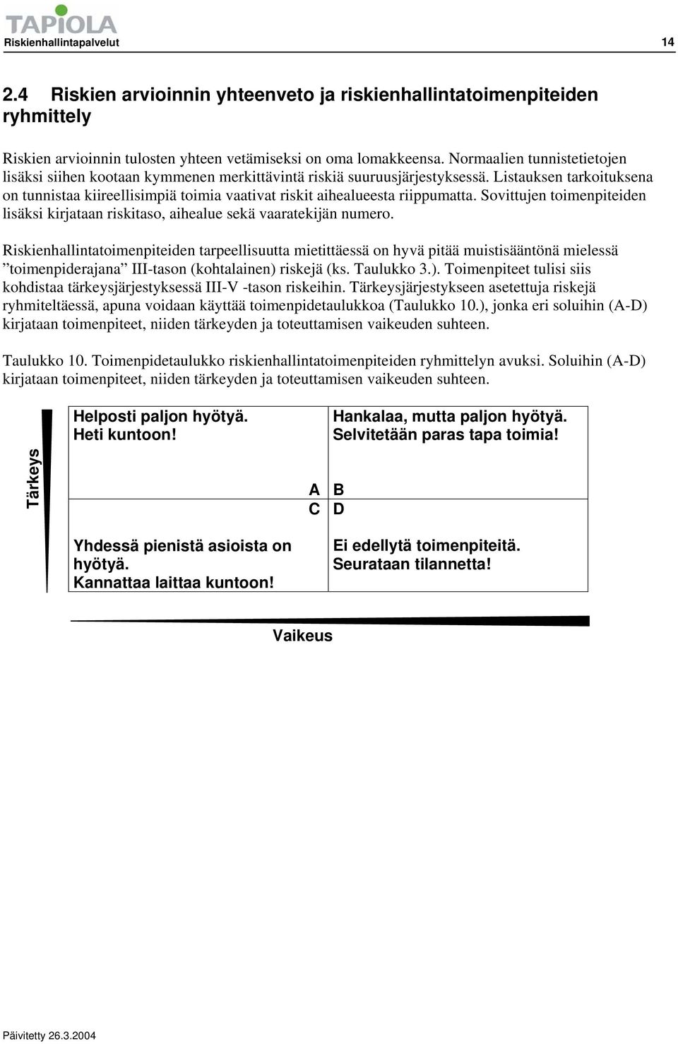 Listauksen tarkoituksena on tunnistaa kiireellisimpiä toimia vaativat riskit aihealueesta riippumatta. Sovittujen toimenpiteiden lisäksi kirjataan riskitaso, aihealue sekä vaaratekijän numero.