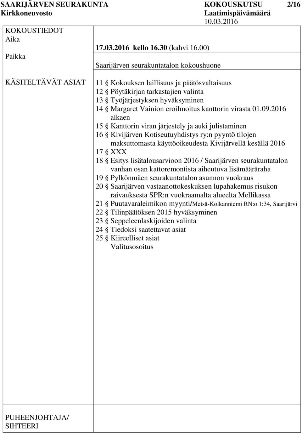 Vainion eroilmoitus kanttorin virasta 01.09.